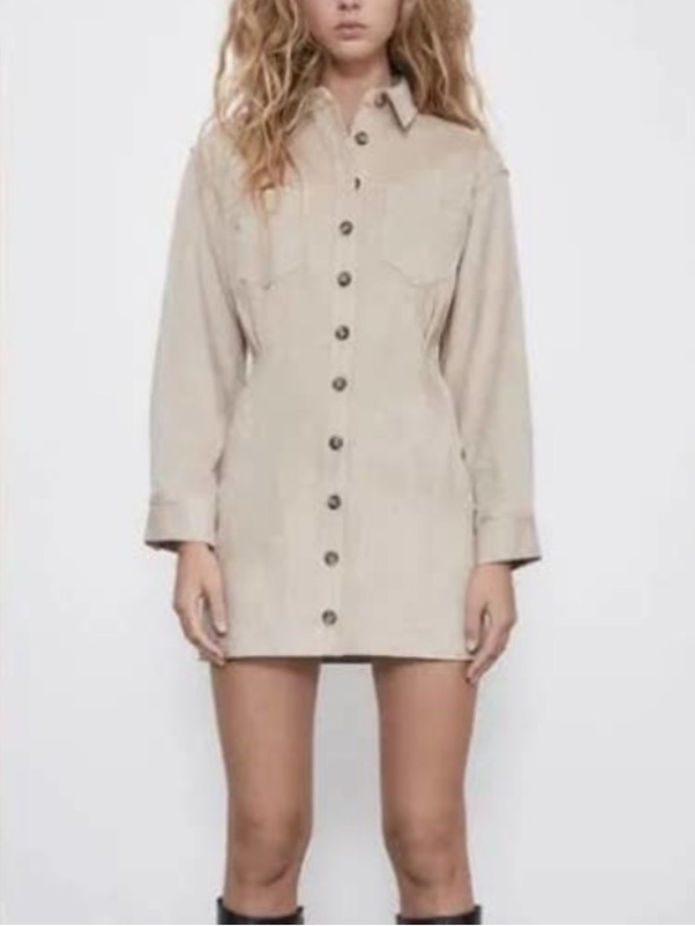 Zara Faux Suede Beige Mini Shirt Dress Large 0279